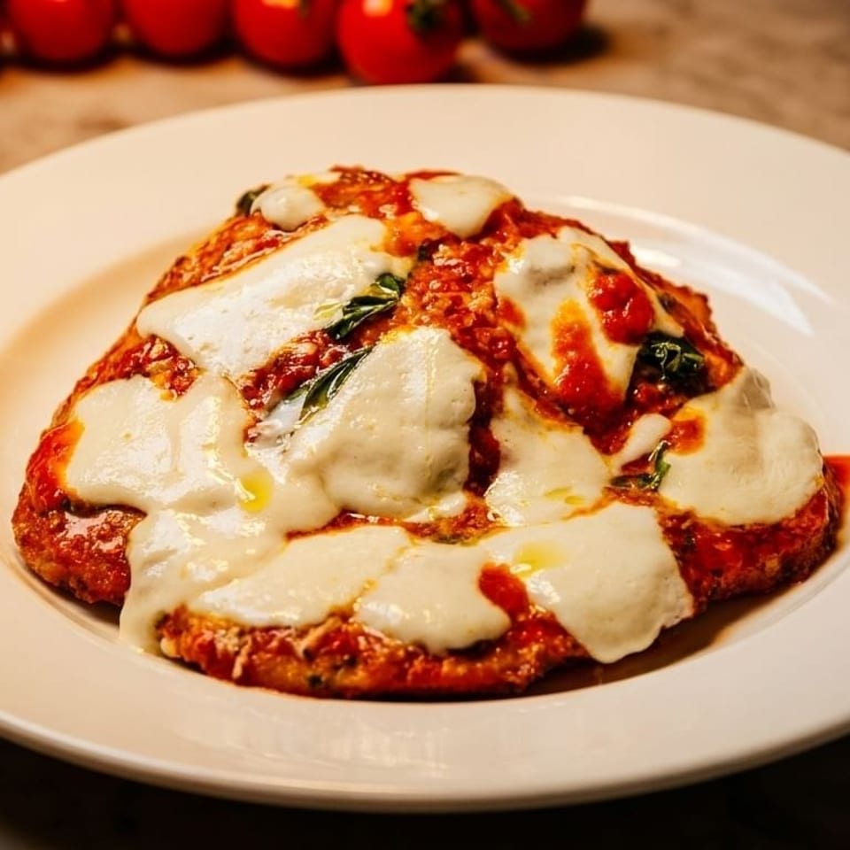Chicken parmesan with melted mozzarella, red sauce, and basil on a white plate, with tomatoes in background.