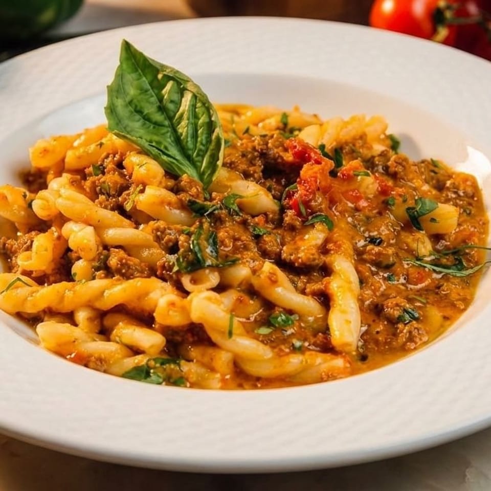 A white bowl of cavatappi pasta with meat sauce, garnished with a fresh basil leaf.